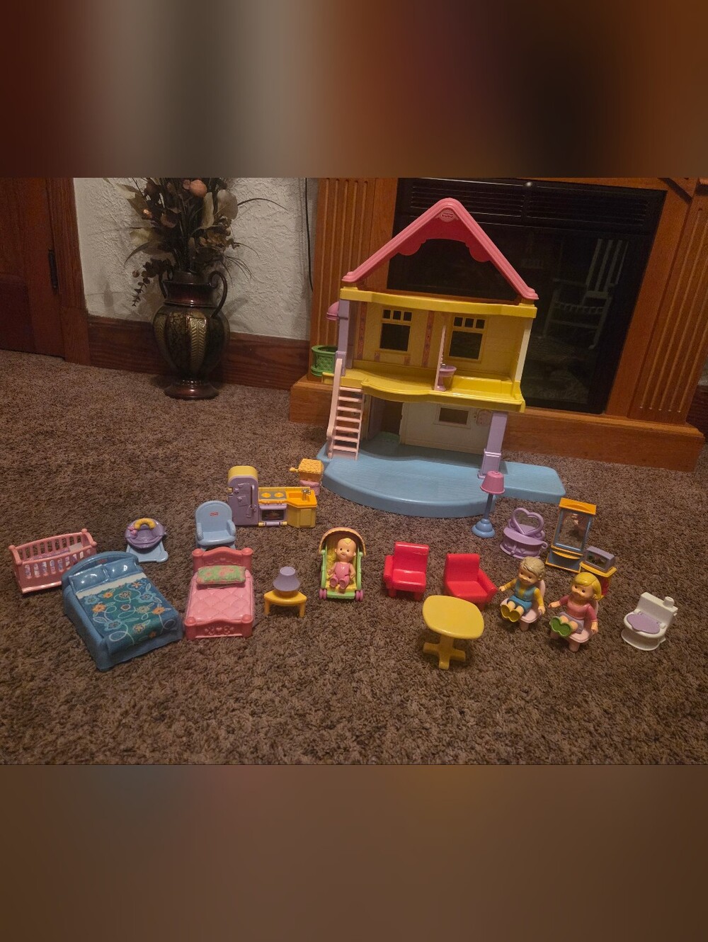 Fisher-Price Pink Yellow Blue Dollhouse Playset with Furniture & Figures